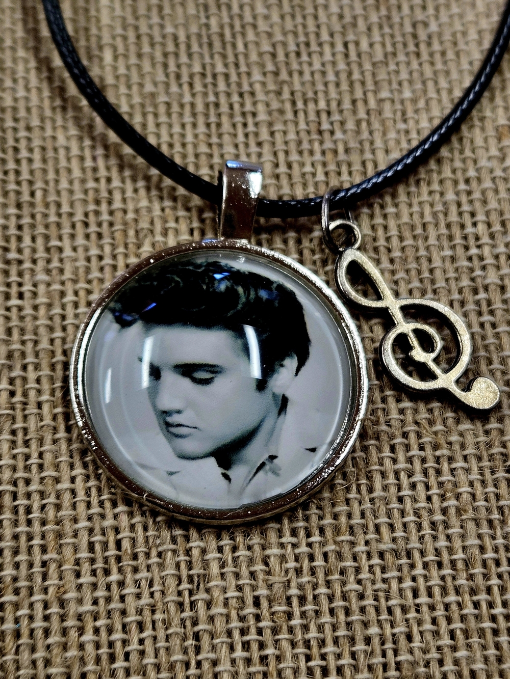 Elvis Photo Pendant Necklace with Treble Clef Charm - Black and Silver
